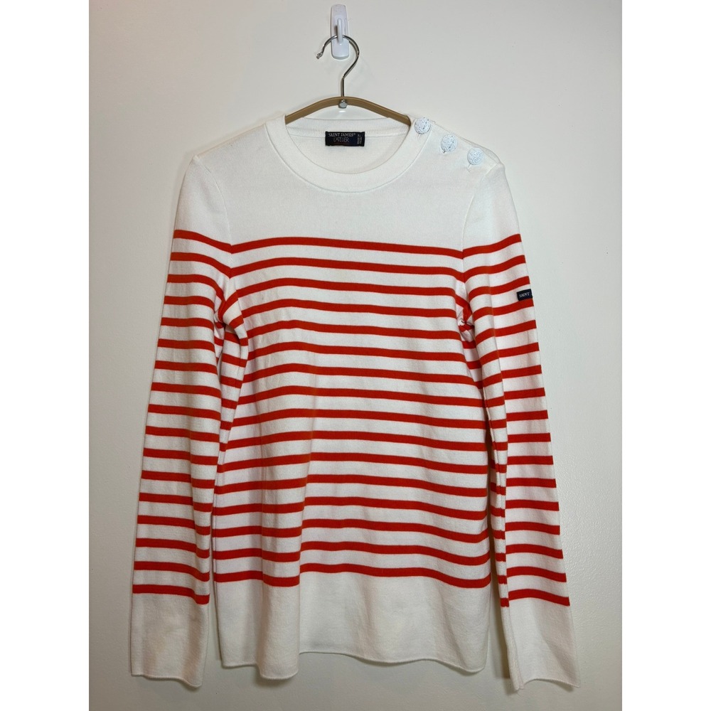 Saint James L'Atelier Womens Red White Breton Stripe Shoulder Button Sweater US4